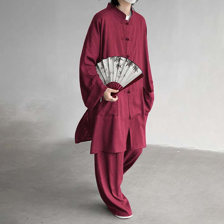 Buddha Stones 2点セット メンズ 長袖 カエルボタン シャツ パンツ 瞑想 禅 コットン ウェア セット - image 18