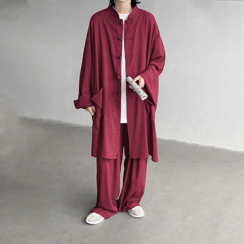 Buddha Stones 2点セット メンズ 長袖 カエルボタン シャツ パンツ 瞑想 禅 コットン ウェア セット - image 19