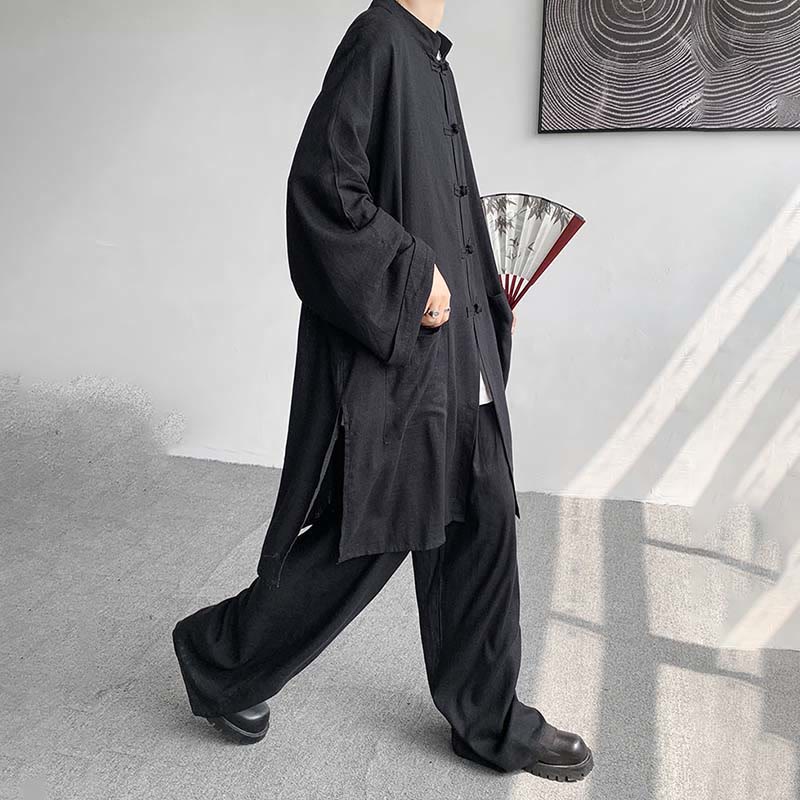 Buddha Stones 2点セット メンズ 長袖 カエルボタン シャツ パンツ 瞑想 禅 コットン ウェア セット - image 23