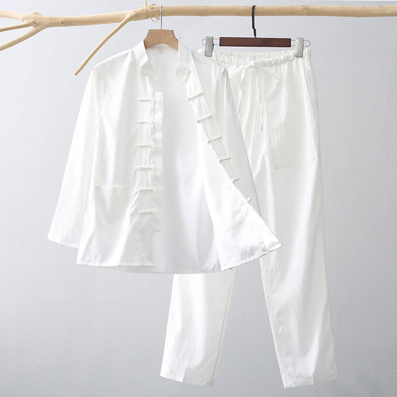 Buddha Stones 2点セット 唐装 伝統 カエルボタン メンズ 長袖 シャツ パンツ 衣装セット - 白 - US/UK/AU44、 EU54 (4XL) - image 9