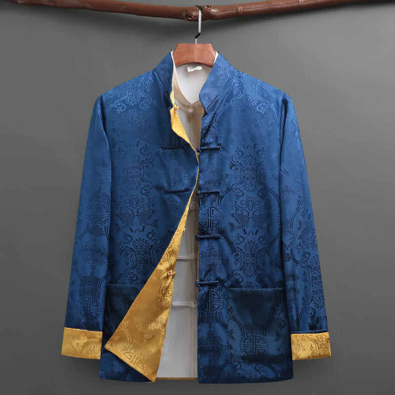 Buddha Stonesメンズ カエルボタン 唐装 鯉鯉長袖シャツ ポケット付き - ロイヤルブルー - US/UK/AU42、 EU52 (3XL) - image 1