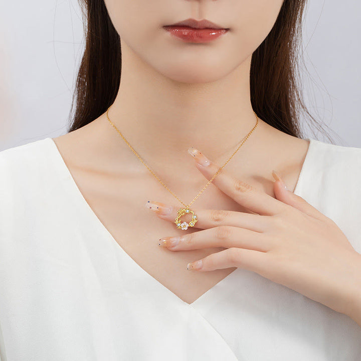 Buddha Stones925スターリングシルバー キュービックジルコニア シェルバタフライ ピーチブロッサム ブレッシングネックレスペンダント