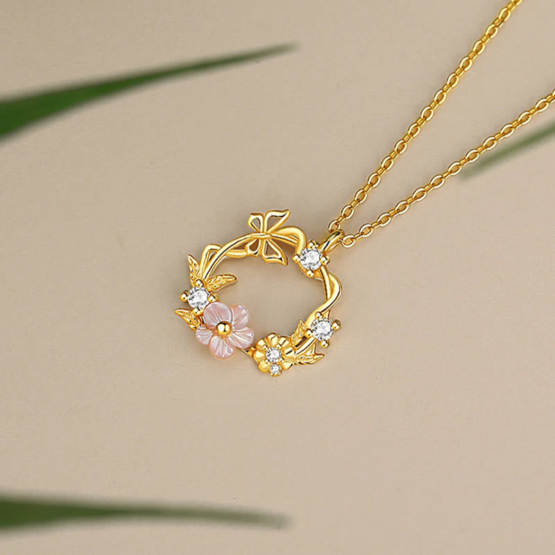 Buddha Stones925スターリングシルバー キュービックジルコニア シェルバタフライ ピーチブロッサム ブレッシングネックレスペンダント - image 2