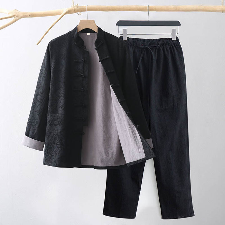 Buddha Stones 2点セット メンズ 唐装 ジャカード つる柄 カエルボタン コットン 長袖 シャツ パンツ セット - 黒 - US/UK/AU44、 EU54 (4XL) - image 10