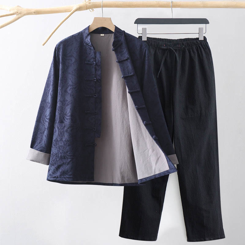 Buddha Stones 2点セット メンズ 唐装 ジャカード つる柄 カエルボタン コットン 長袖 シャツ パンツ セット - スチールブルー - US/UK/AU44、 EU54 (4XL) - image 0