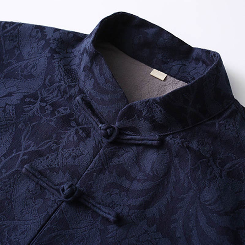 Buddha Stones 2点セット メンズ 唐装 ジャカード つる柄 カエルボタン コットン 長袖 シャツ パンツ セット - image 1