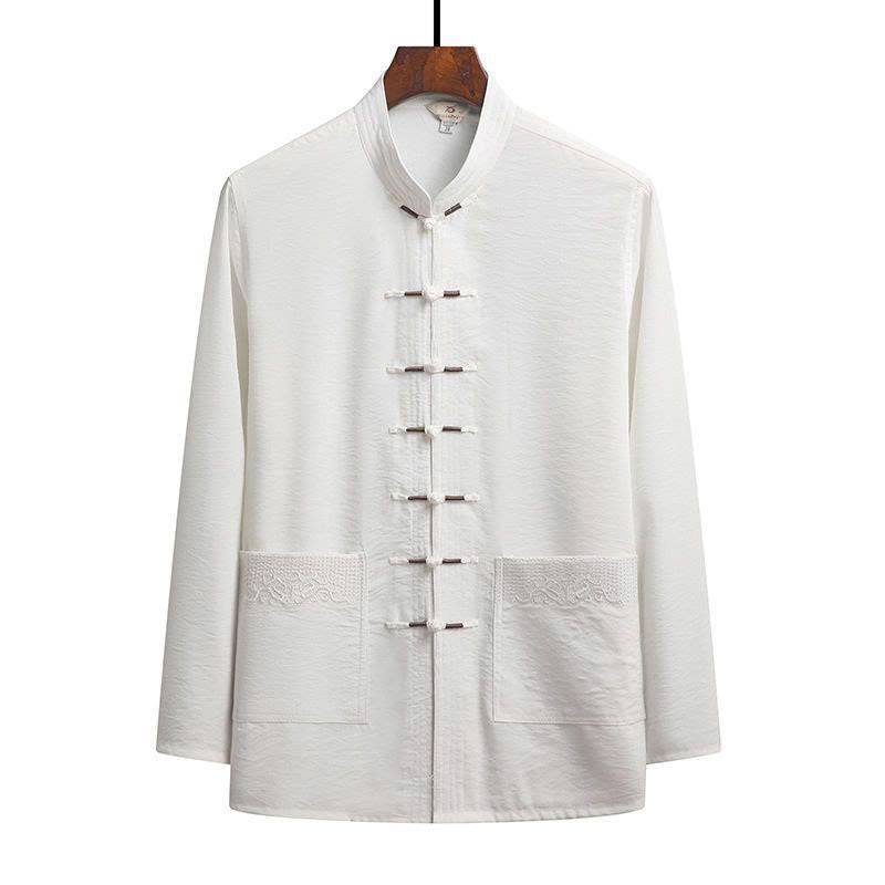 Buddha Stones 2点セット 無地 唐装 メンズ フロッグボタン 長袖 シャツ パンツ セット - 白 - シャツ - US/UK/AU44、 EU54 (4XL) - image 15