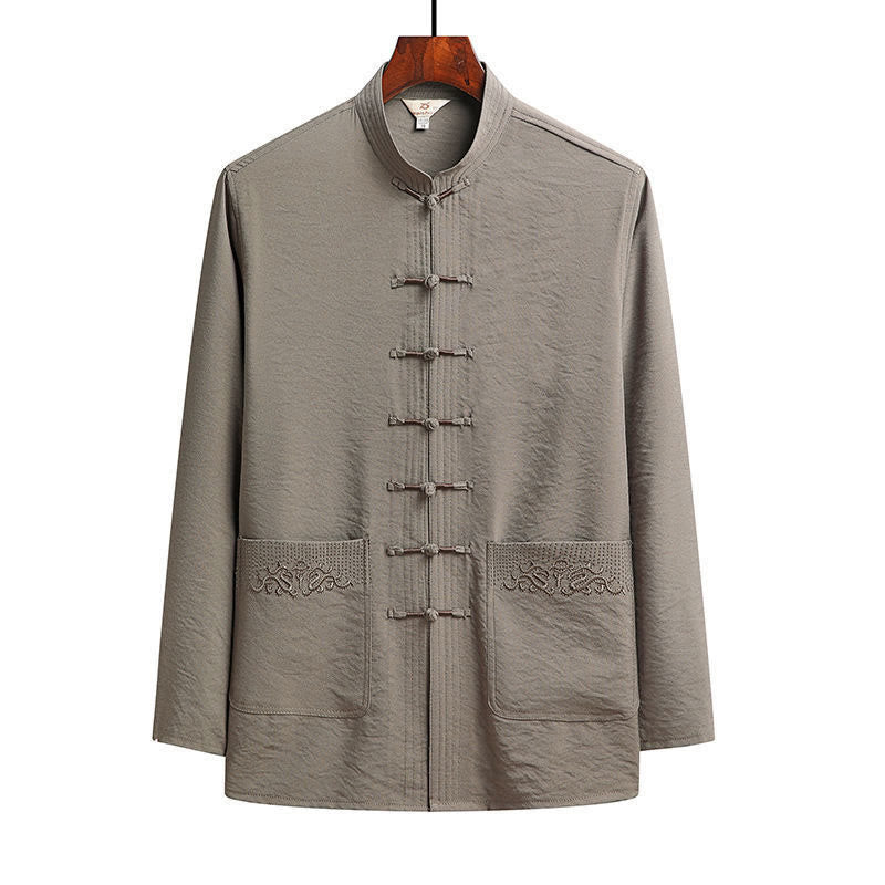 Buddha Stones 2点セット 無地 唐装 メンズ フロッグボタン 長袖 シャツ パンツ セット - タン - シャツ - US/UK/AU44、 EU54 (4XL) - image 17