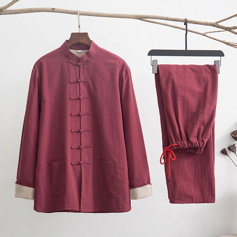 Buddha Stones 2点セット 禅唐装 メンズ リネン カエルボタン 長袖 シャツ パンツ セット - ファイアブリック - US/UK/AU44、 EU54 (4XL) - image 18