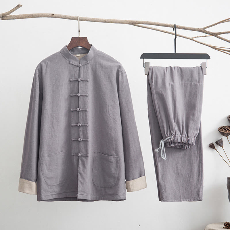 Buddha Stones 2点セット 禅唐装 メンズ リネン カエルボタン 長袖 シャツ パンツ セット - グレー - US/UK/AU44、 EU54 (4XL) - image 0