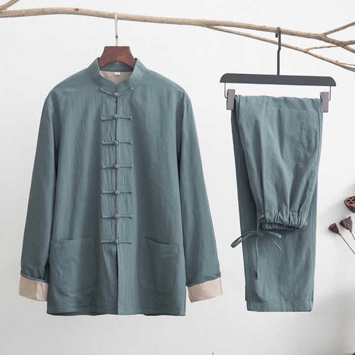 Buddha Stones 2点セット 禅唐装 メンズ リネン カエルボタン 長袖 シャツ パンツ セット - キャデットブルー - US/UK/AU44、 EU54 (4XL) - image 4