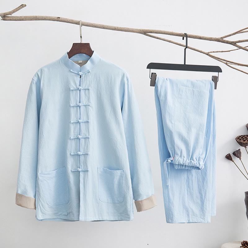 Buddha Stones 2点セット 禅唐装 メンズ リネン カエルボタン 長袖 シャツ パンツ セット - ライトシアン - US/UK/AU44、 EU54 (4XL) - image 22