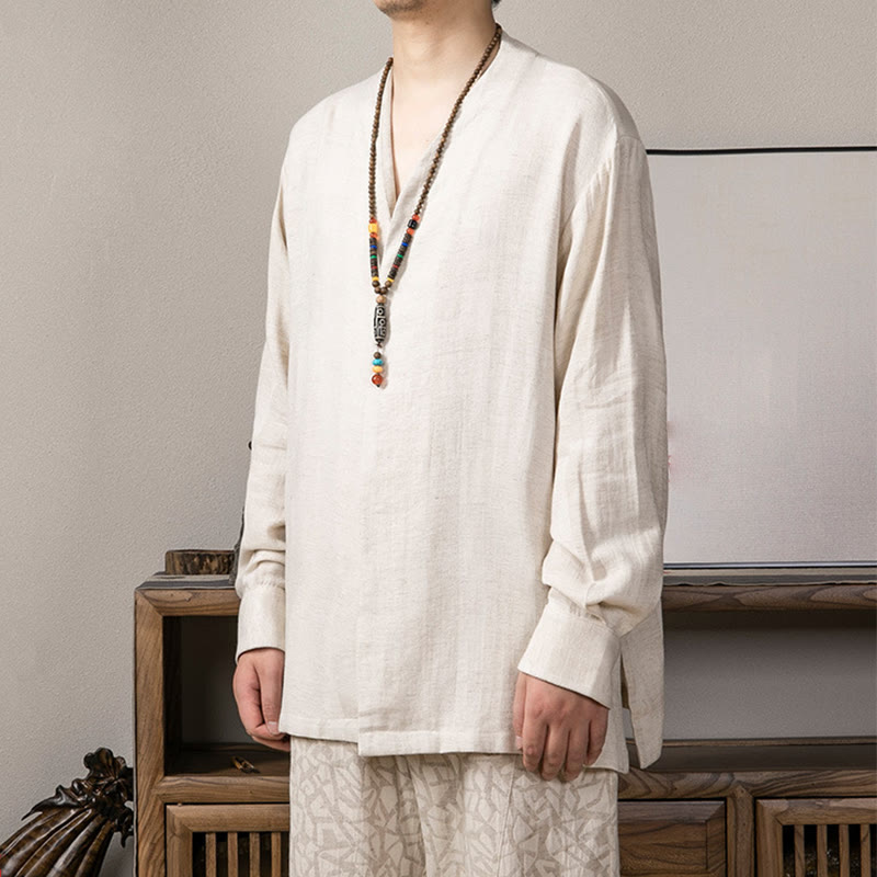 Buddha StonesVネック メンズ リネン 長袖シャツ 禅服 - image 12