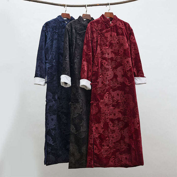 Buddha Stonesヴィンテージ 秋冬 中国風 カエルボタン 唐装 メンズ ドラゴン ジャカード ローブ ポケット付き - image 1