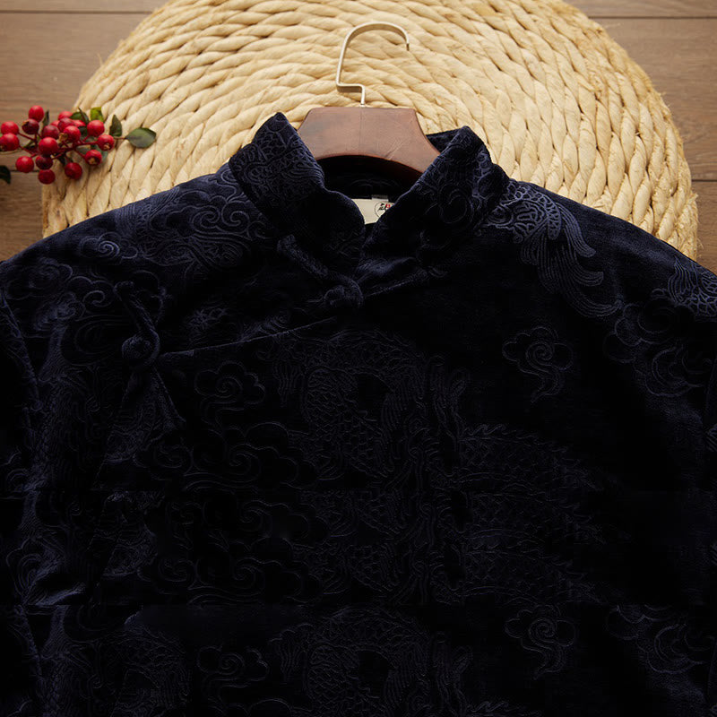 Buddha Stonesヴィンテージ 秋冬 中国風 カエルボタン 唐装 メンズ ドラゴン ジャカード ローブ ポケット付き - image 9