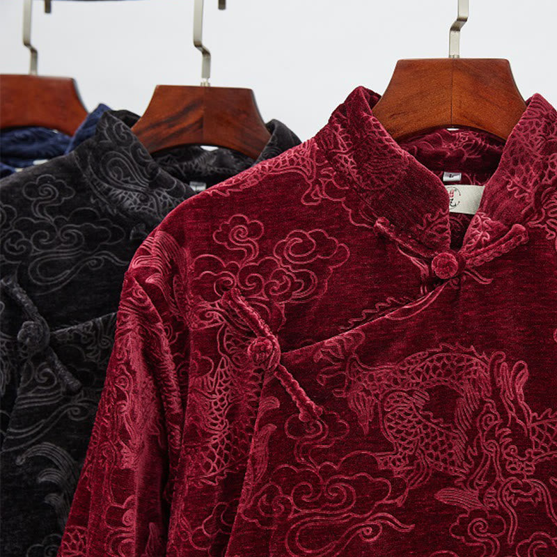 Buddha Stonesヴィンテージ 秋冬 中国風 カエルボタン 唐装 メンズ ドラゴン ジャカード ローブ ポケット付き - image 26