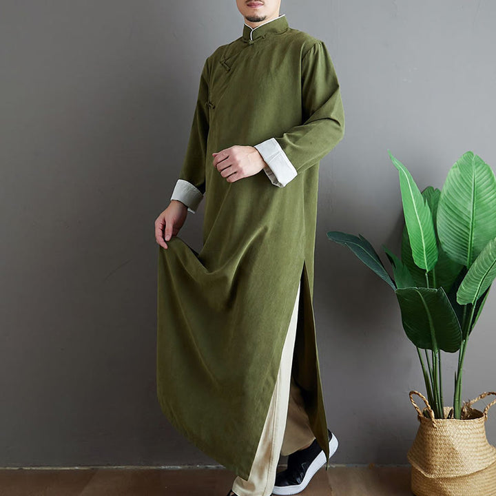 Buddha Stonesの秋の無地中国風フロッグボタンコットンメンズ唐装ローブ