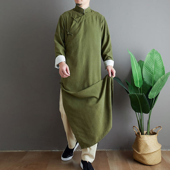 Buddha Stonesの秋の無地中国風フロッグボタンコットンメンズ唐装ローブ