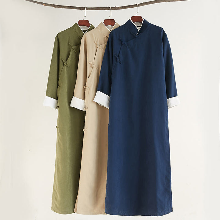 Buddha Stonesの秋の無地中国風フロッグボタンコットンメンズ唐装ローブ - image 1