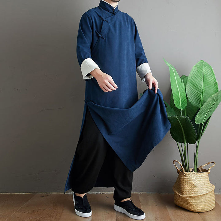 Buddha Stonesの秋の無地中国風フロッグボタンコットンメンズ唐装ローブ - image 26