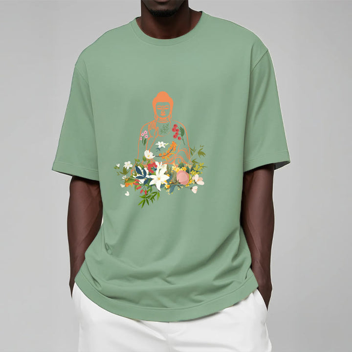 Buddha Stones、瞑想する仏陀、咲く花柄Tシャツ - image 15