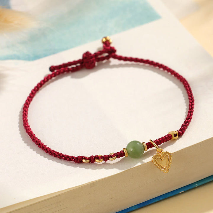 Buddha Stones 925スターリングシルバー 和田翡翠ビーズ 銅貨 ラブハートチャーム幸運ブレスレット - 濃い赤色のロープ（手首周り：14～16cm） - image 9