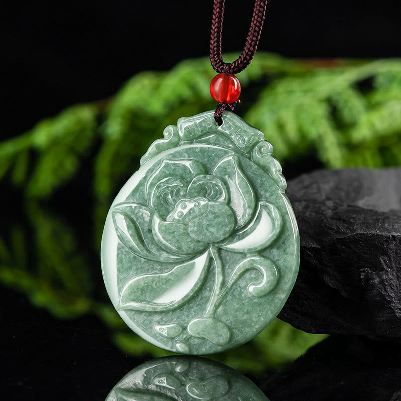 Buddha Stonesラウンド 蓮模様 翡翠 豊穣 繁栄 ネックレス ロープペンダント