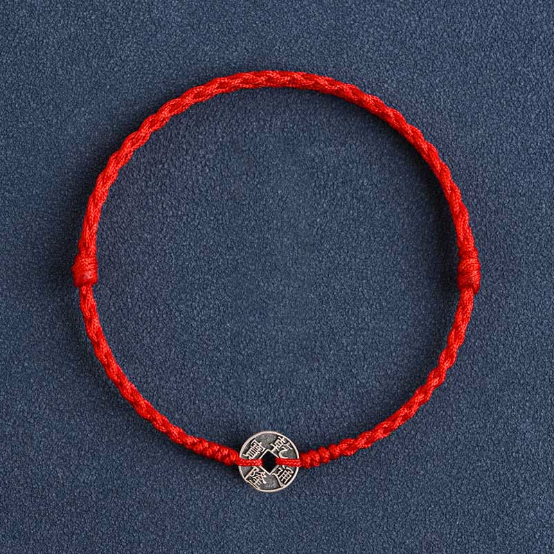 Buddha Stones925 スターリングシルバー 五帝銭 赤い糸 守護 幸運 編み込みブレスレット アンクレット