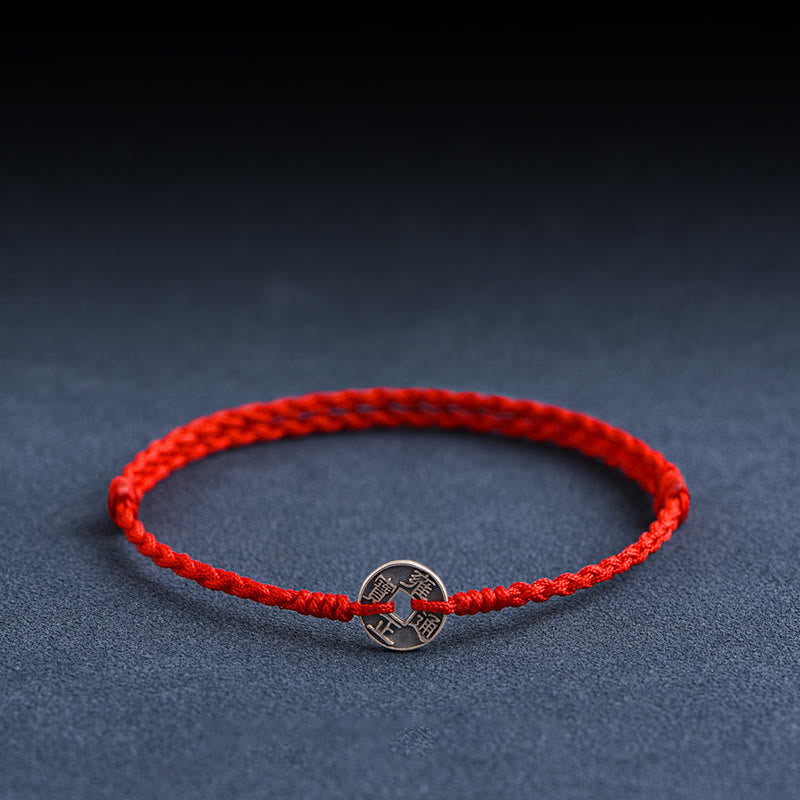 Buddha Stones925 スターリングシルバー 五帝銭赤紐守護 幸運 編み込みブレスレット アンクレット - image 0