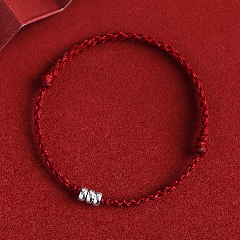 Buddha Stones925 スターリングシルバー ビーズ 守護 幸運 編み込み ブレスレット アンクレット - 濃い赤色のロープ - ブレスレット（手首周り15～20cm） - image 1
