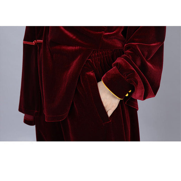 Buddha Stones 2点セット 秋冬 太極拳 気功 練習用 ユニセックス カエルボタン 瞑想 ベロア ウェア セット - image 11