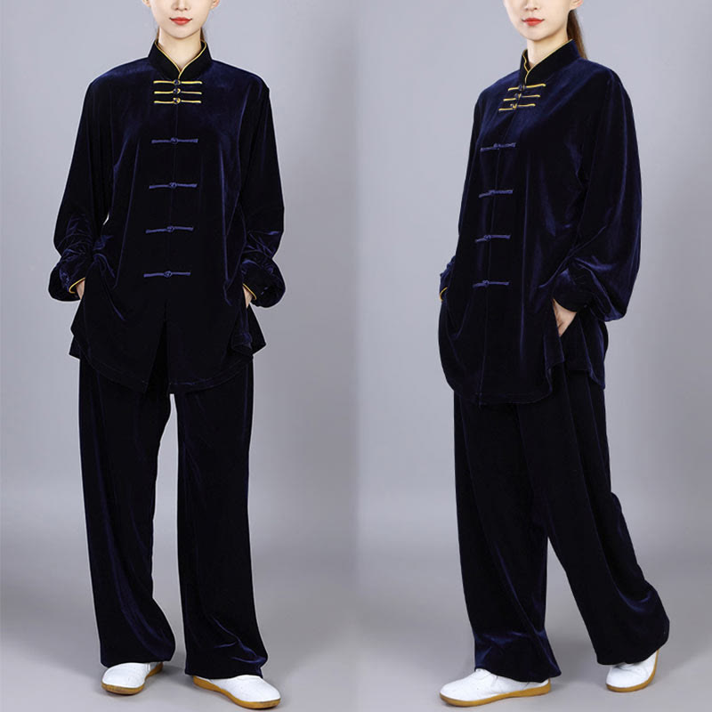 Buddha Stones 2点セット 秋冬 太極拳 気功 練習用 ユニセックス カエルボタン 瞑想 ベロア ウェア セット - image 1