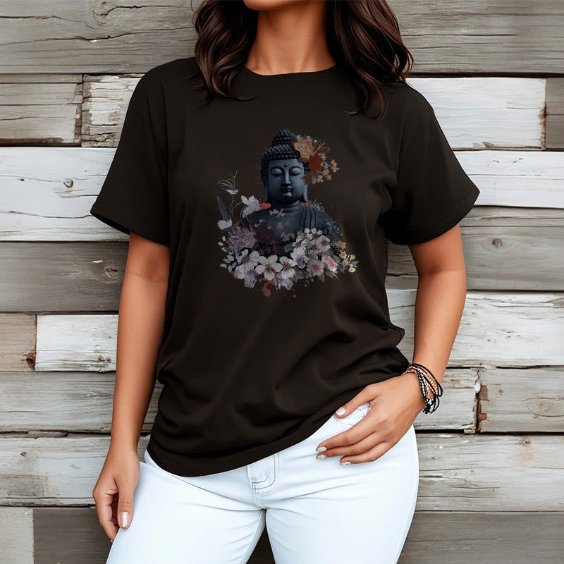 Buddha Stonesと仏像を囲むカラフルな花柄Tシャツ - image 8