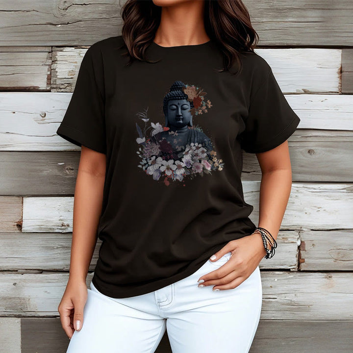 Buddha Stonesと仏像を囲むカラフルな花柄Tシャツ - image 8