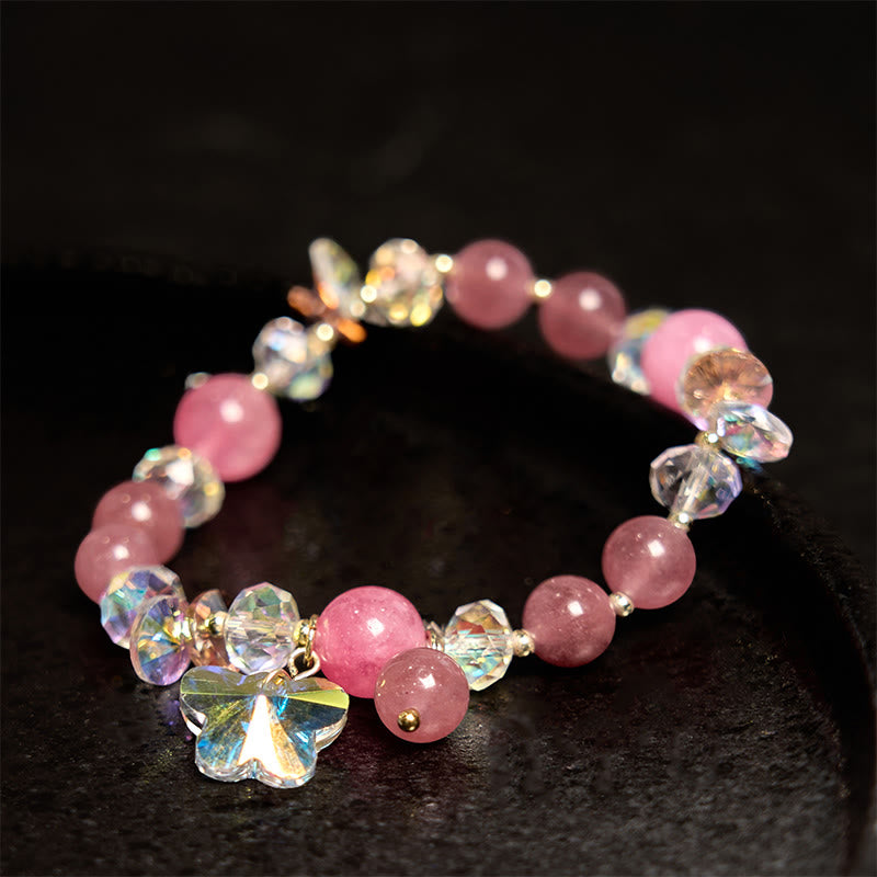 Buddha Stonesストロベリークォーツ ホワイトクリスタル ピンククリスタル バタフライラブブレスレット - image 1
