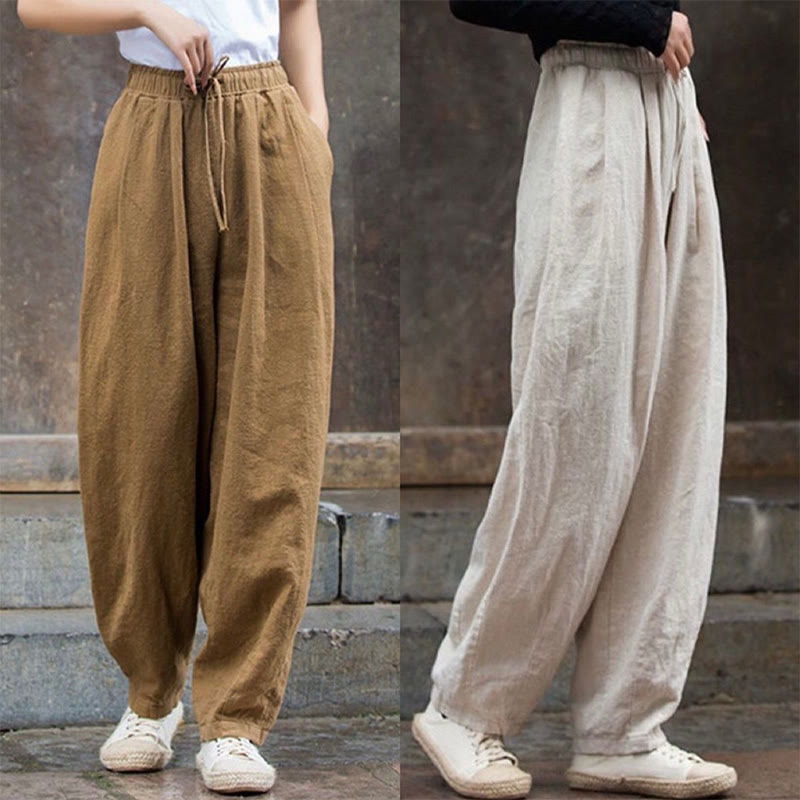 Buddha Stones無地デザイン コットン レディース パンツ - image 1