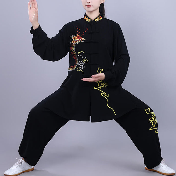 Buddha Stones2点セット 秋 刺繍 龍 カエルボタン 太極拳 瞑想 気功 禅 練習 ユニセックス コットン 服 セット - image 1