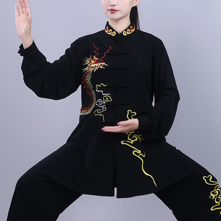 Buddha Stones2点セット 秋 刺繍 龍 カエルボタン 太極拳 瞑想 気功 禅 練習 ユニセックス コットン 服 セット - image 3