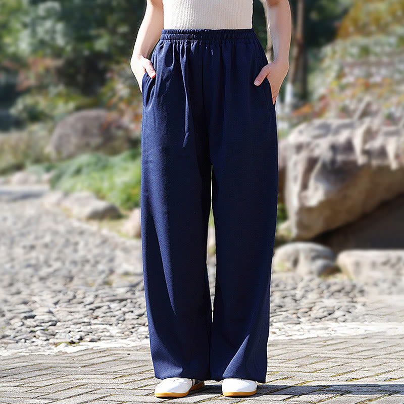 Buddha Stones秋冬 ユニセックス 伸縮性ウエスト 太極拳 気功練習 コットンリネン フリース裏地 ポケット付きパンツ - image 1