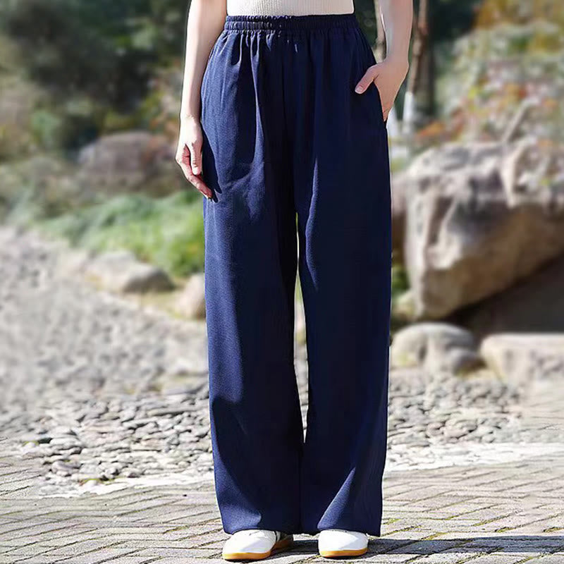 Buddha Stones秋冬 ユニセックス 伸縮性ウエスト 太極拳 気功練習 コットンリネン フリース裏地 ポケット付きパンツ - スティールブルー - 3XL-US/UK/AU/EUXL - image 0