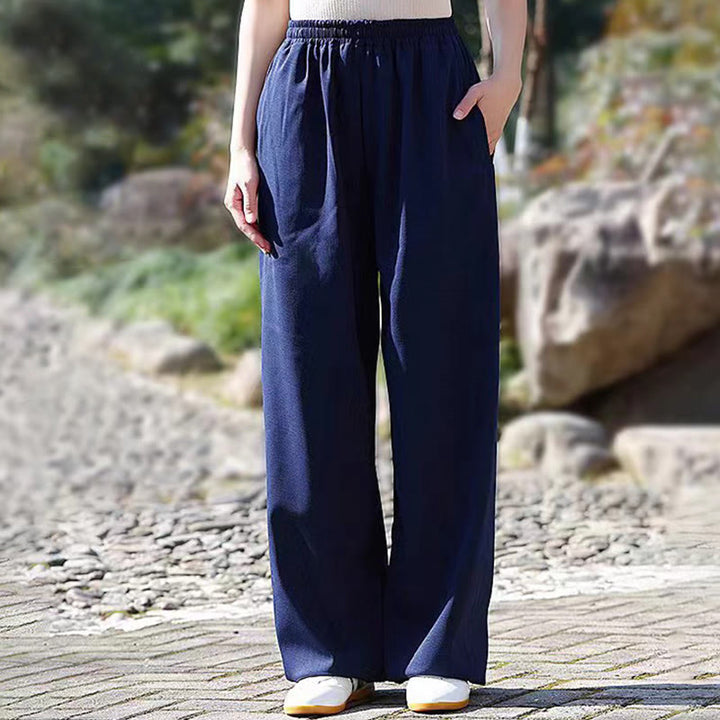 Buddha Stones秋冬 ユニセックス 伸縮性ウエスト 太極拳 気功練習 コットンリネン フリース裏地 ポケット付きパンツ - スティールブルー - 3XL-US/UK/AU/EUXL - image 0