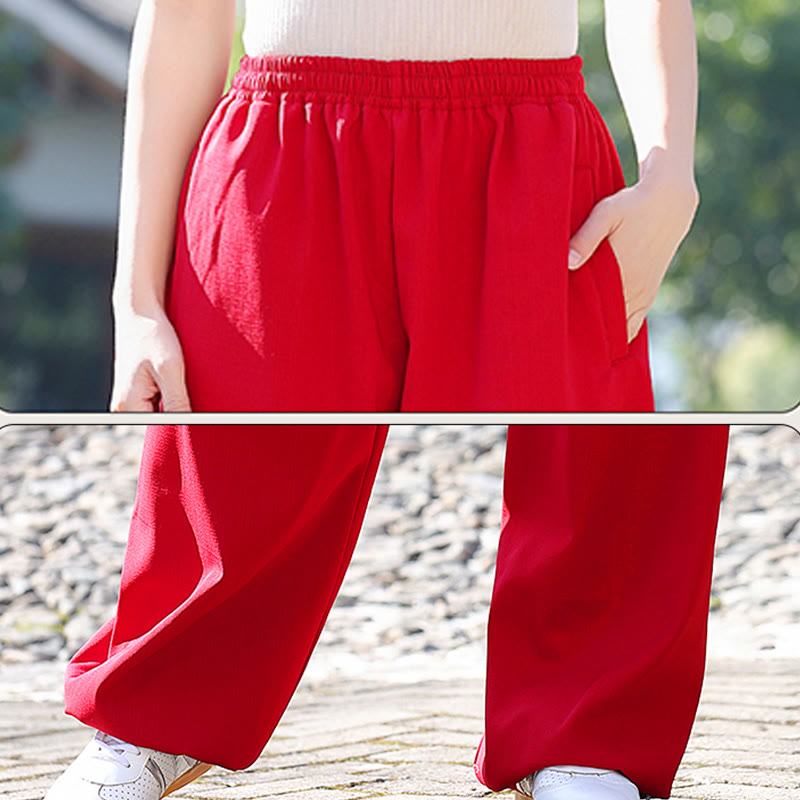 Buddha Stones秋冬 ユニセックス 伸縮性ウエスト 太極拳 気功練習 コットンリネン フリース裏地 ポケット付きパンツ - image 11