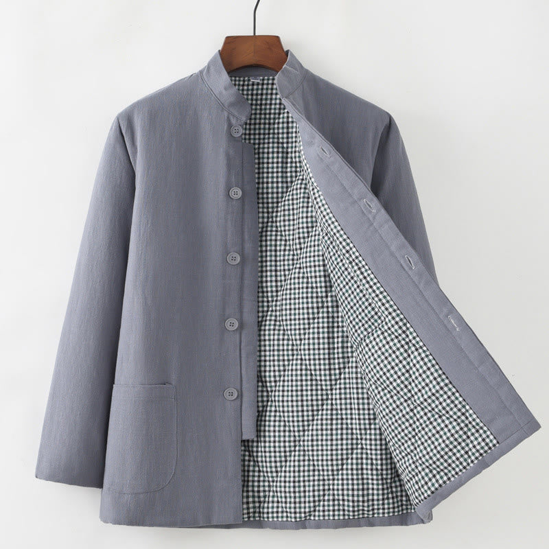 Buddha Stones冬用 メンズ フロッグボタン タンスーツ リネンコットン フリース裏地 ジャケット シャツ ポケット付き - グレー - ボタンダウン - US/UK/AU44、 EU54 (4XL) - image 3