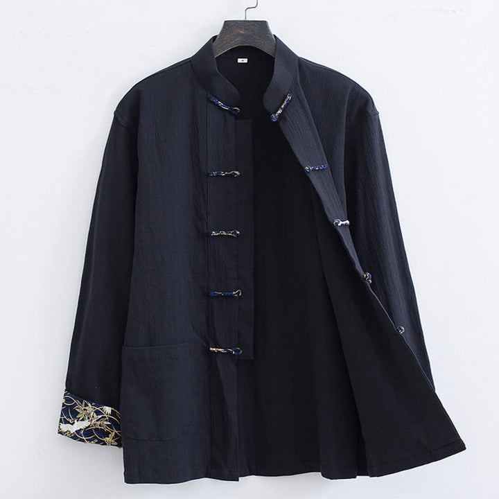 Buddha Stonesメンズ フロッグボタン タンスーツ コットン ホワイト クレーン刺繍 ジャケット シャツ ポケット付き - image 2