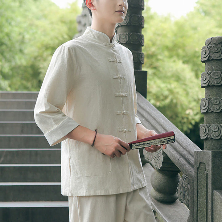 Buddha Stones 2点セット 秋 メンズ 唐装 カエルボタン コットン 七分袖 シャツ パンツ セット - image 4