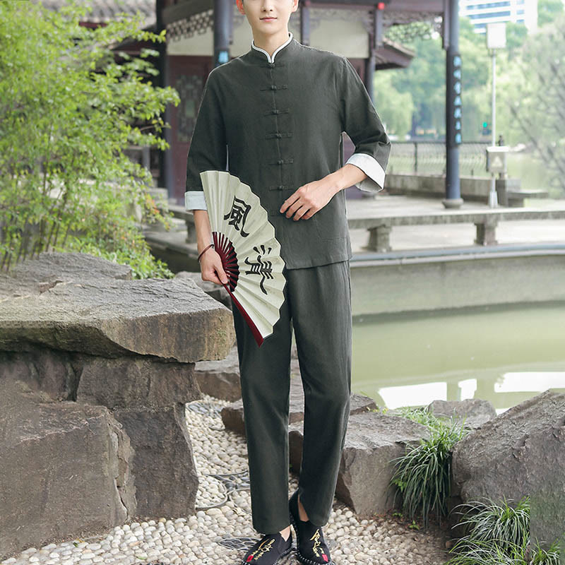 Buddha Stones 2点セット 秋 メンズ 唐装 カエルボタン コットン 七分袖 シャツ パンツ セット - ダークシーグリーン - US/UK/AU48、 EU58 (6XL) - image 14