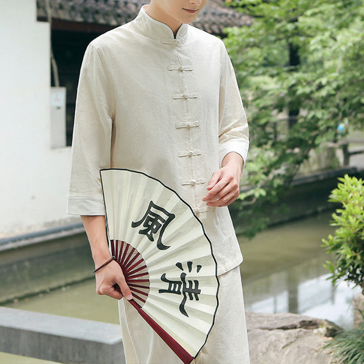 Buddha Stones 2点セット 秋 メンズ 唐装 カエルボタン コットン 七分袖 シャツ パンツ セット - リネン - US/UK/AU48、 EU58 (6XL) - image 2