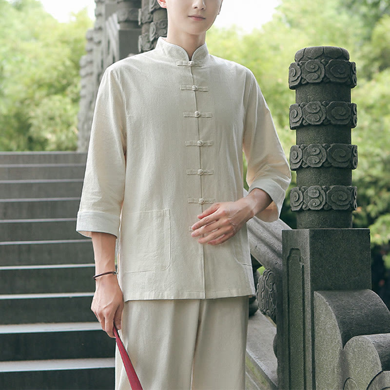 Buddha Stones 2点セット 秋 メンズ 唐装 カエルボタン コットン 七分袖 シャツ パンツ セット - image 3