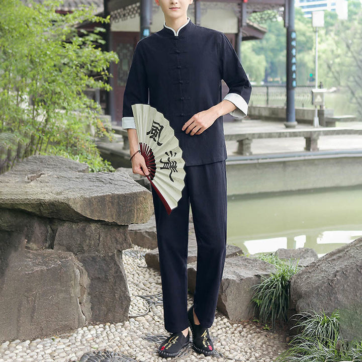 Buddha Stones 2点セット 秋 メンズ 唐装 カエルボタン コットン 七分袖 シャツ パンツ セット - image 7