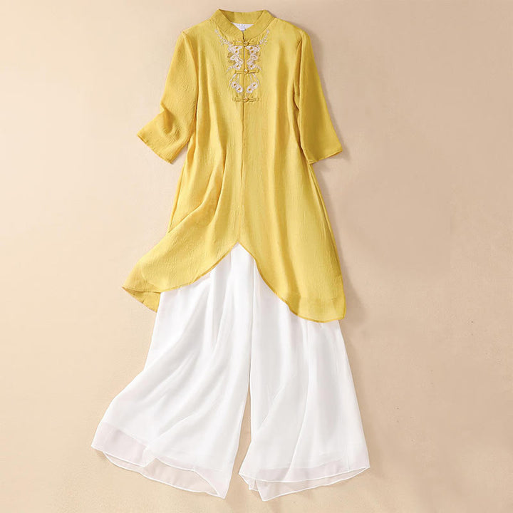 Buddha Stonesレディース フラワー刺繍 フロッグボタン シャツドレス ワイドレッグパンツ - image 0